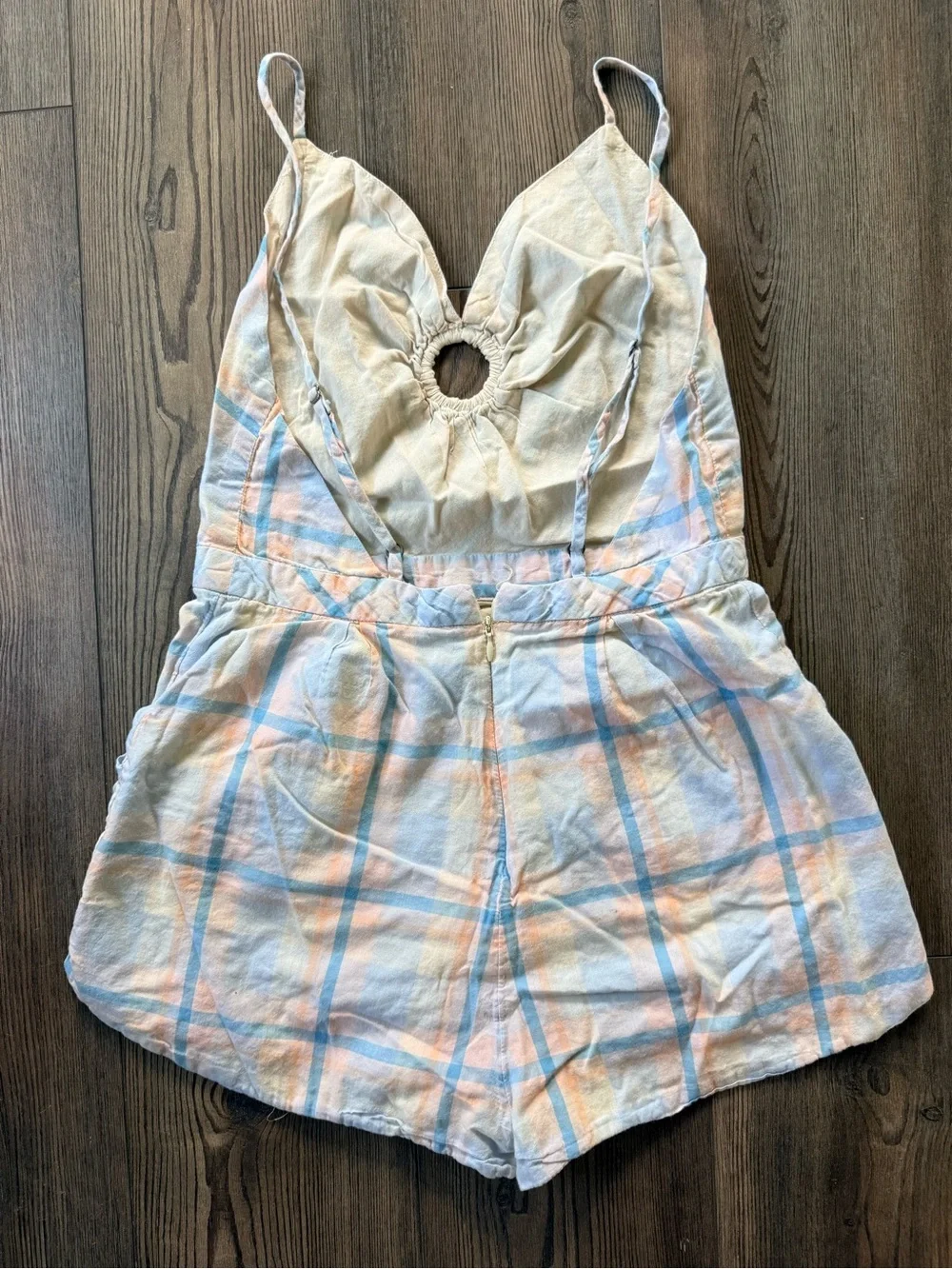 Kimchi Blue Pastel Plaid Romper in Light Blue and Peach - Picture 3 of 5